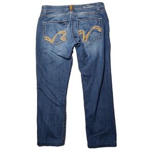 RIVET DE CRU Men 36X29 Button Fly Embroidered Pocket Denim Blue Jeans